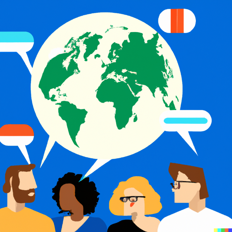 Illustration of people speaking french, german, portuguese, spanish, and italian. All are speaking with speech bubbles around a globe.