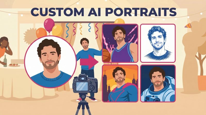 Man posing in front of a camera with his image transformed into 4 different ai portraits.