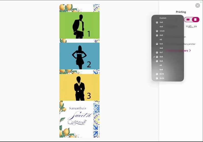 LumaBooth photo layout editor showing a tall 6x20 strip template with three photo slots and a Sweet 16 footer, with 6x20 selected in the paper size list