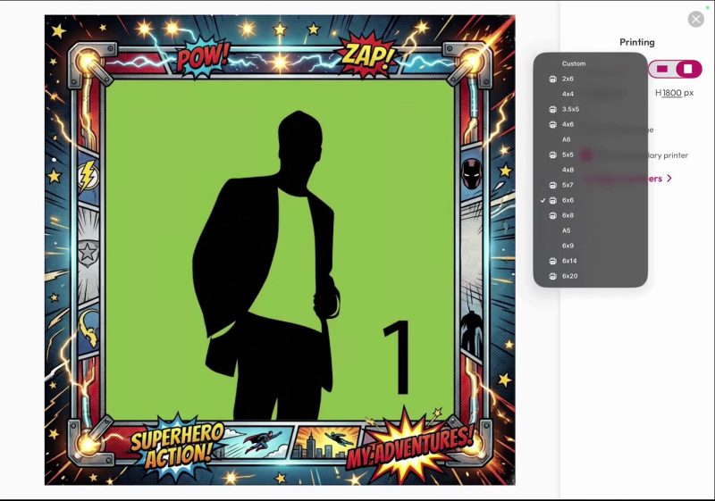 LumaBooth photo layout editor showing a comic-book style square template with the paper size list open, listing sizes from 2x6 to 6x20 with printer icons next to the ones the connected printer supports