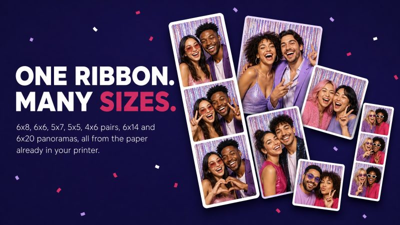 Photo booth prints in six different sizes fanned on a dark background, from a tall 6x20 strip to a small 2x6 strip, under the headline One Ribbon. Many Sizes.