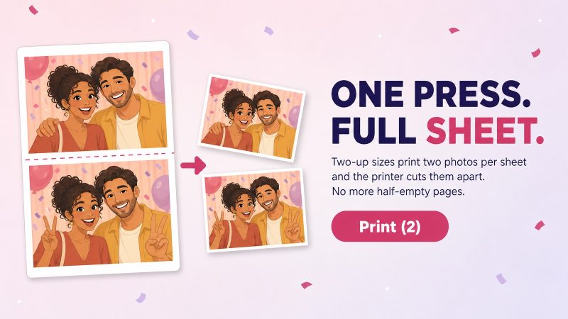 Illustration of a 6x8 sheet with a dashed cut line dividing two 4x6 photos, an arrow pointing to the two separated prints, under the headline One Press. Full Sheet. with a Print (2) button