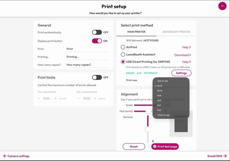 LumaBooth Print setup on iPad with USB Direct Printing selected, the status row reading DS620, 6x8, 193 prints, and the Print size list open showing 4x6 2-up, 6x20, 6x14, 6x8, 6x6, 5x7, 5x5 and 3.5x5 2-up